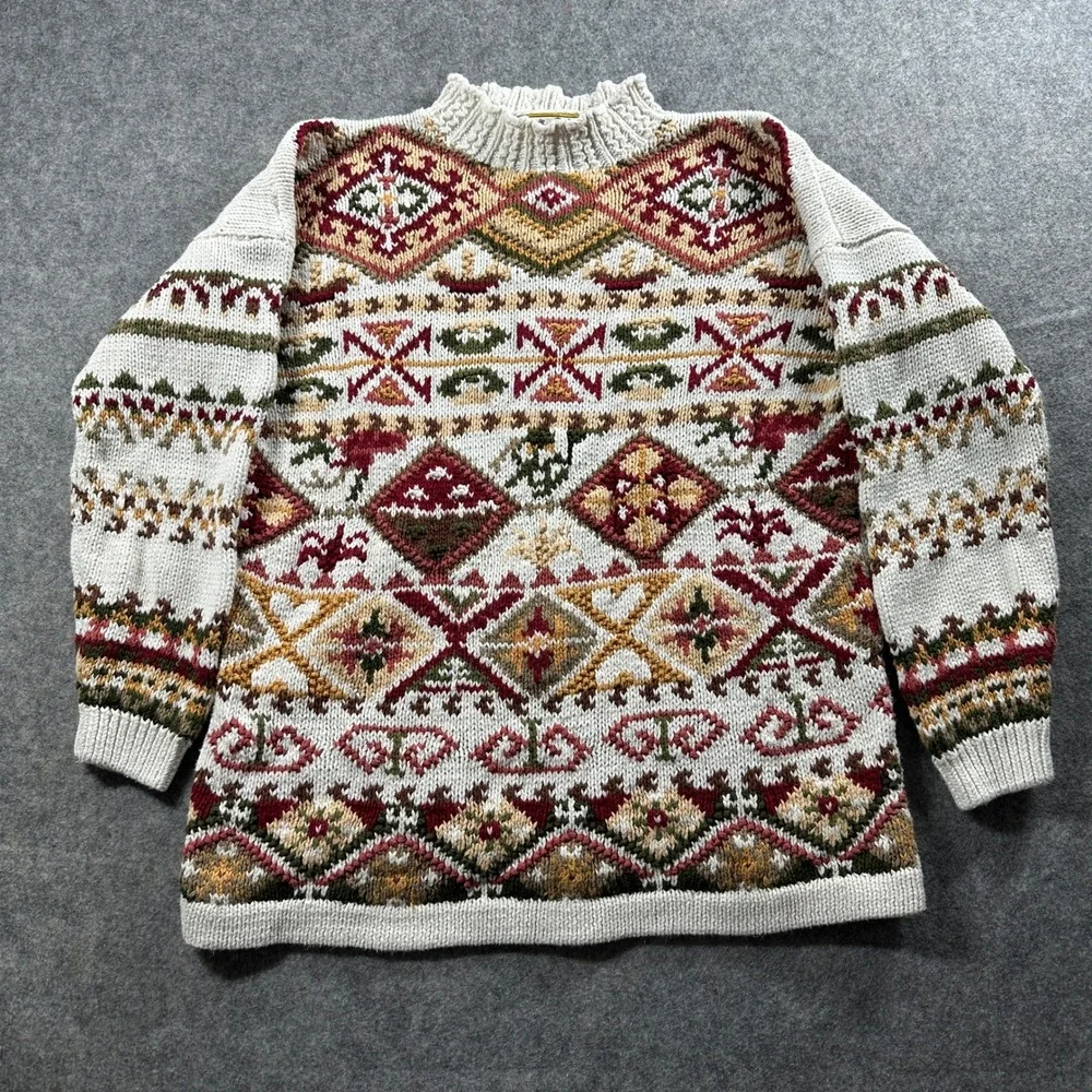 Vtg Heirloom Collectible Sweater Womens M Cream‎ Geometric 1992 Mock Neck